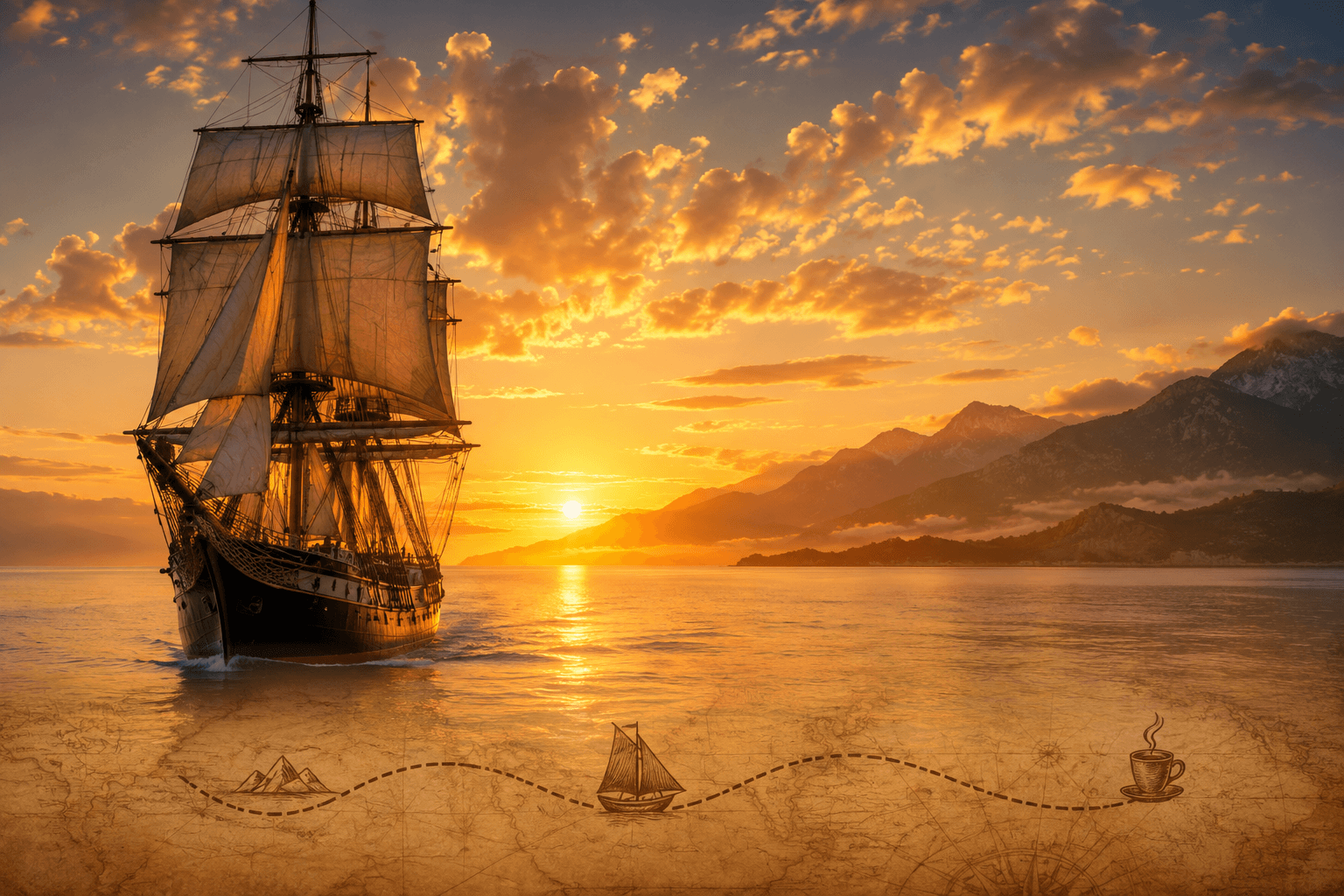 Velero navegando al atardecer, rumbo a las montañas de Loja